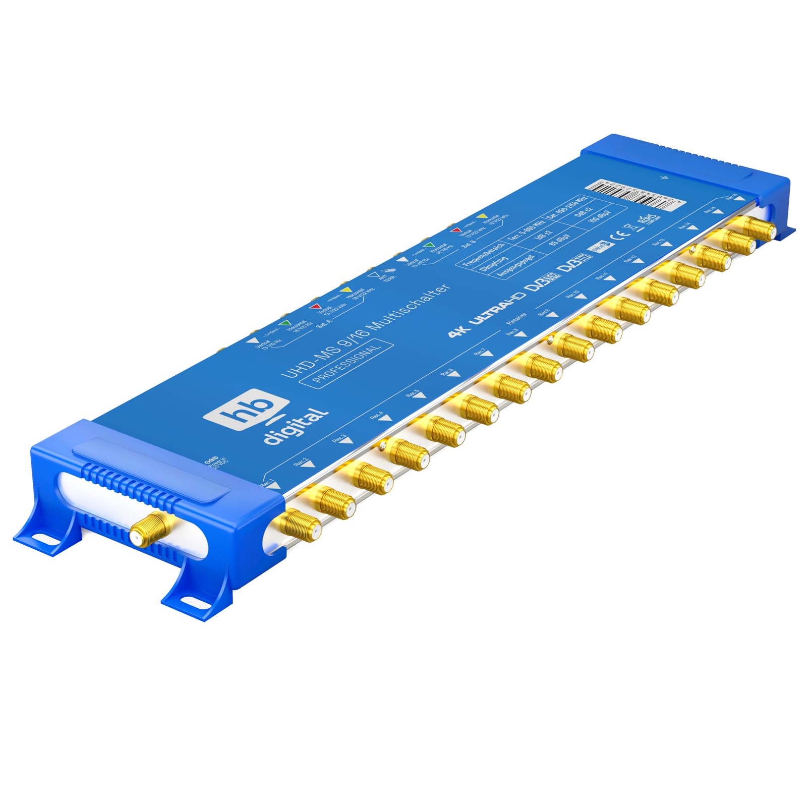 Quattro LNB di alta qualità + commutatore pmse 9/16 HB-DIGITAL 2 X SAT fino a 16 X partecipanti/ricevitore per Full HDTV 3D 4K UHD con alimentatore di rete + 40 connettori F dorati inclusi