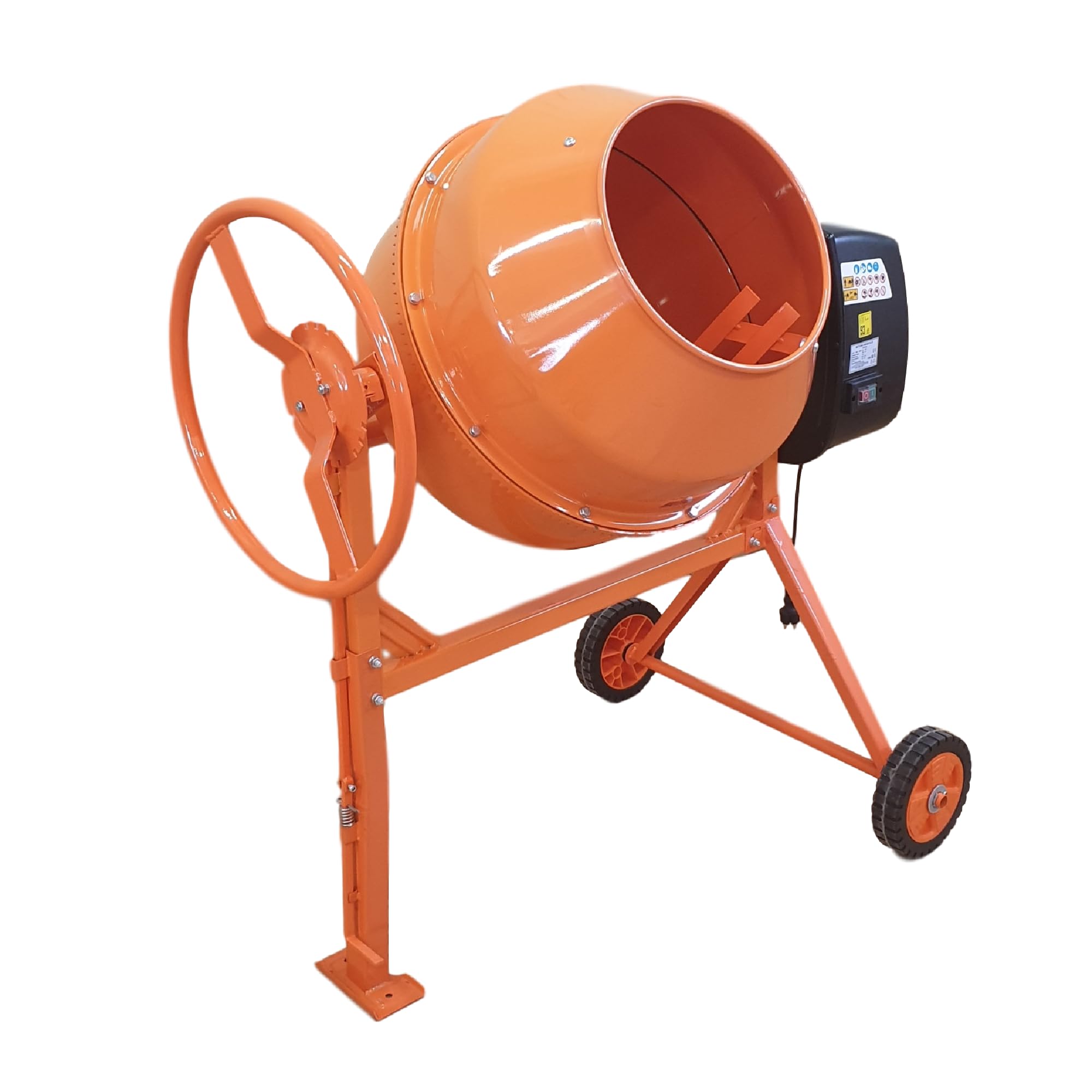 Betonmischer BAU160, 160L Trommel, 850W Motor, Orange, Stahlrahmen mit Metall-Zahnkranz, Kunststoffräder, Kipp-Handrad