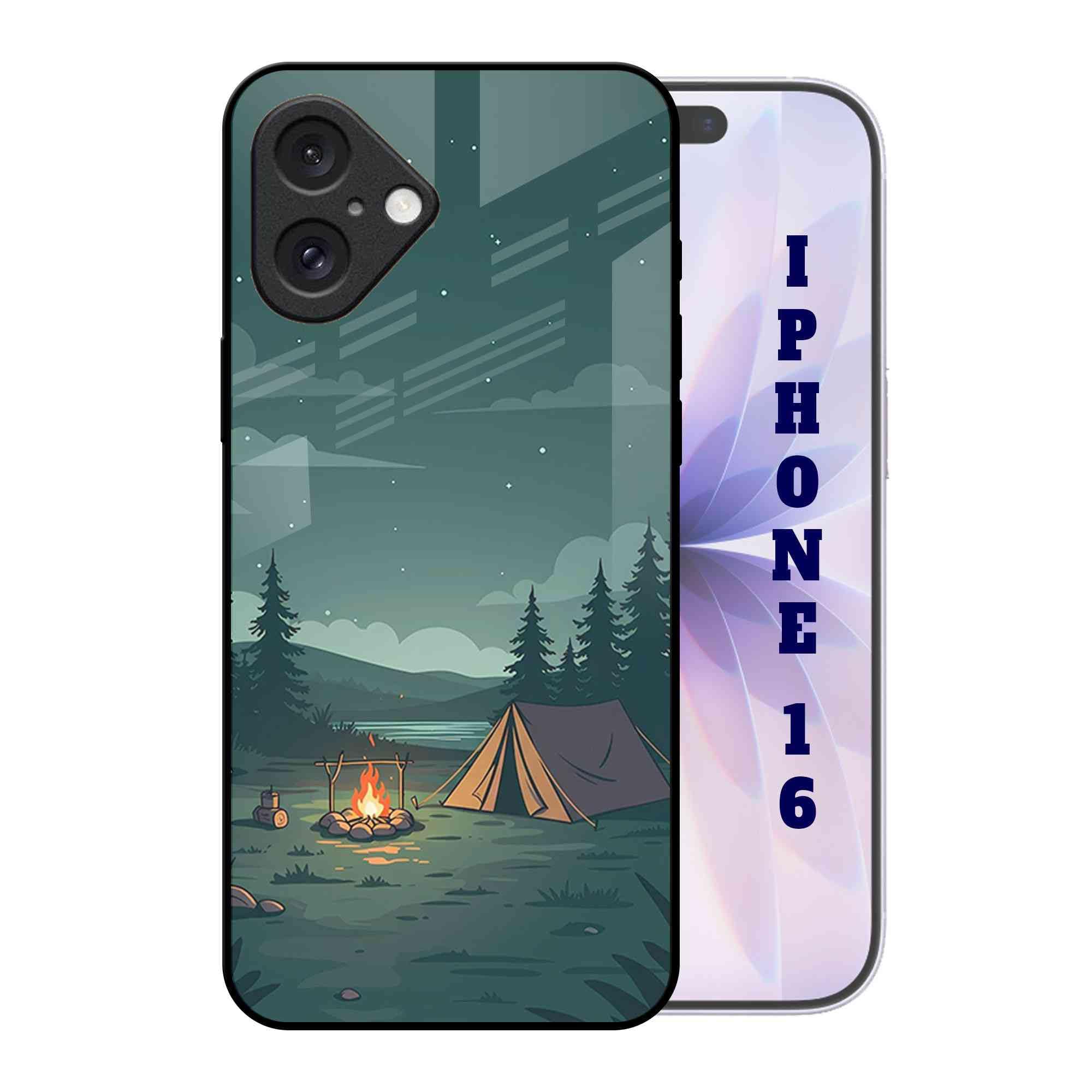 Abaci® Back Case Cover for iPhone 16 | Stylish Camp Night | Printed Glass, Glossy Slim Lightweight, Wireless Charging, Drop Protection
