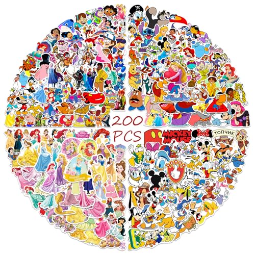 200Pcs Kids Stickers Pack Princess Stickers Cute Cartoon Characters Deals Movie Decal Childrens Decorative Sticker for Kids Teens Adults Waterproof Sticker for Water Bottle Laptop Luggage