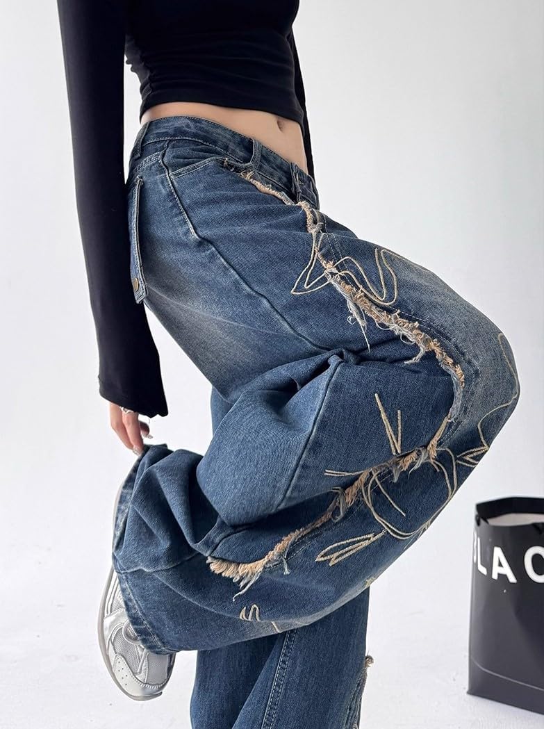 Unisex Y2K Graffiti Baggy Jeans – Vintage Wide Leg Oversized Streetwear Denim Pants with Star Heart Print - Image 6