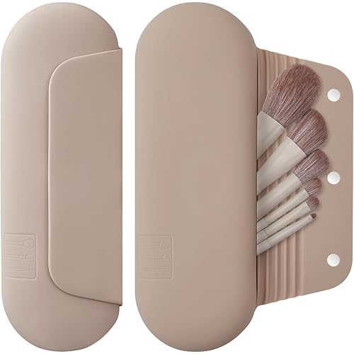 Silicone Makeup Brush Holder Travel Cosmetic Bag：Soft Portable Cosmetic Face Brushes Holder with Upgrade Anti-Fall Out Magnetic Closure, Large Travel Makeup Brush Case - Walnut