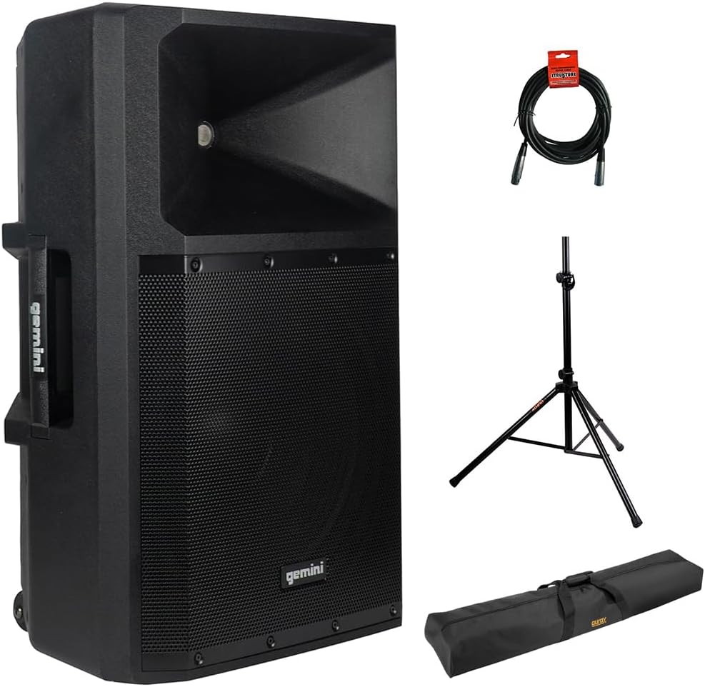 Gemini Sound GSP-2200: Elite 2200W 15" Active DJ PA Speaker with Bluetooth Stereo, Integrated 3-Channel Mixer Bundle with Steel Speaker Stand, Stand Bag and XLR Cable