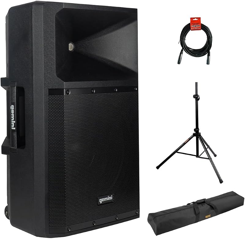 Sound GSP-2200: Elite 2200W 15" Active DJ PA Speaker with Bluetooth Stereo, Integrated 3-Channel Mixer Bundle with Steel Speaker Stand, Stand Bag and XLR Cable