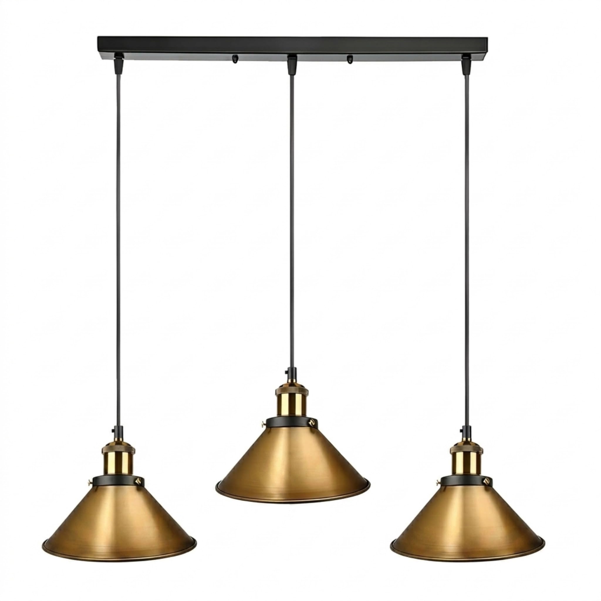 LEDSone 3 Head Yellow Brass Vintage Industrial Ceiling Hanging Light Shade Loft Style Metal Ceiling Pendant Lamp for Kitchen Island, Living Room, Dining Room E27 UK Holder Kit (Cone-Yellow Brass)