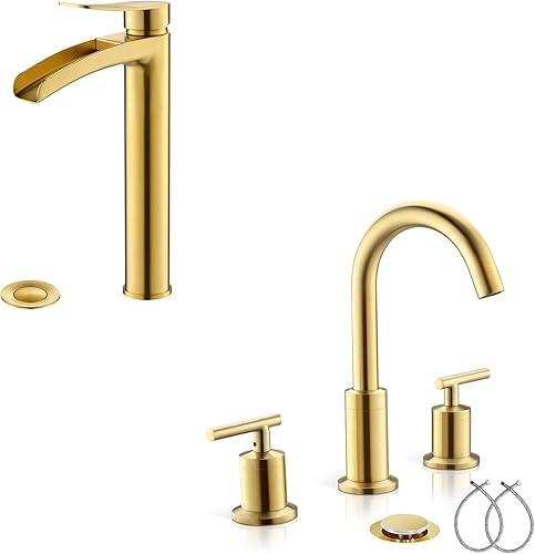 Grifo de baño de oro cepillado, grifo de baño moderno con drenaje emergente y línea de suministro de agua por Phiestina, NS-SF01-BG-V+WF03-1-BG