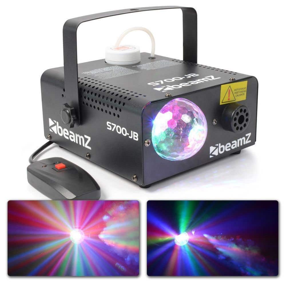 Beamz S-700-JB - Máquina de humo de 700W con efecto de iluminación Jelly Ball RGB, mando a distancia con cable e inalámbrico, deposito de 0,4L (incluye liquido humo) 3 leds de 3W RGB