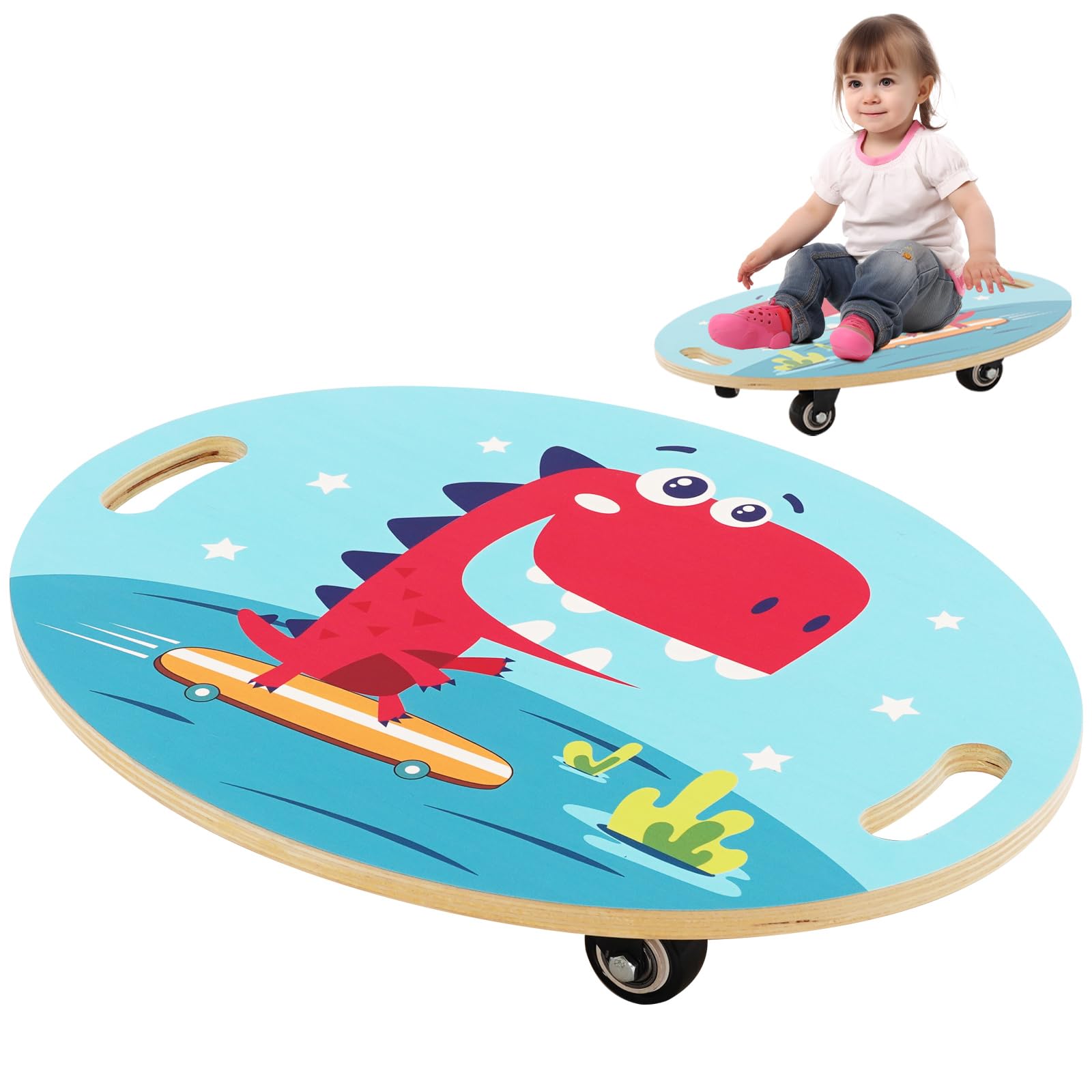 Wooden Scooter Board for Kids, Sit & Scoot Board with 4 Wheels & 2 Handles for Indoor Outdoor Sports, Sensory Training