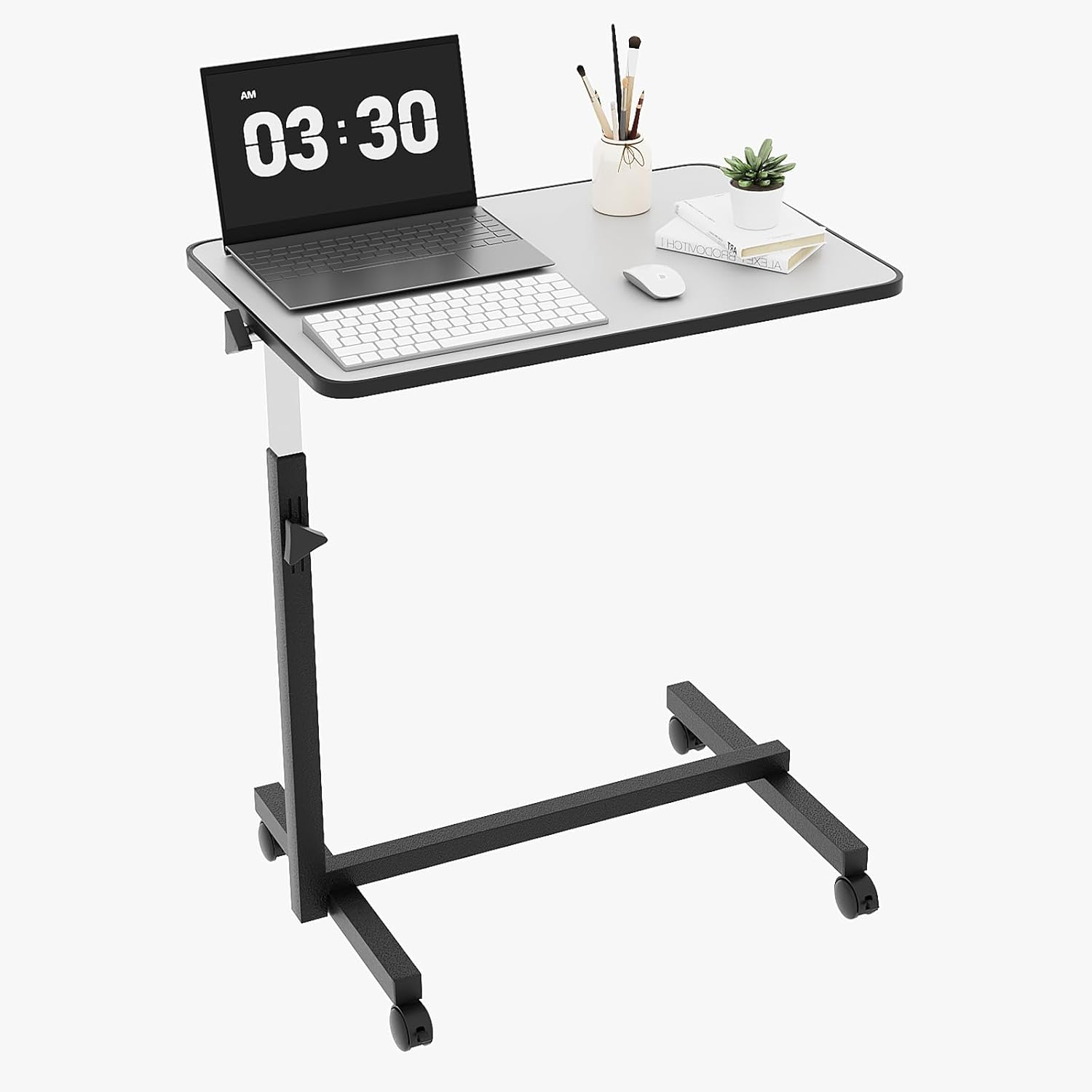 FCH 23.6 Inch Rolling Adjustable Multifunctional Lifting Computer Desk, Tilting Desktop, Sit Stand Laptop Desk TV Tray for Bed Sofa Hospital Reading Eating, Silver