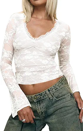 INFITTY Women's Lace Bell Sleeve Crop Tops V-Neck Long Sleeve Shirts Double Lined Slim Fit Blouses Outfits