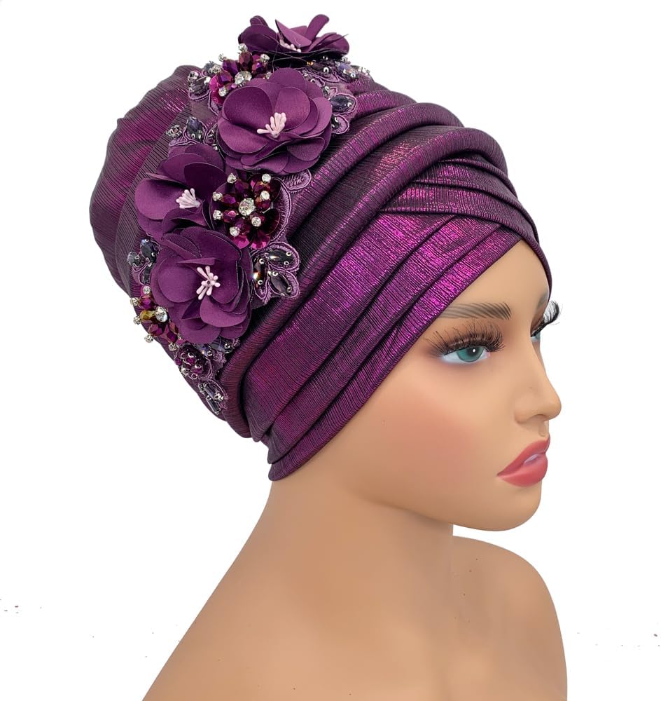 Gold Color Turban Cap for Women Diamonds Flower African Female Head Wraps Bonnet Nigeria Autogele Headtie