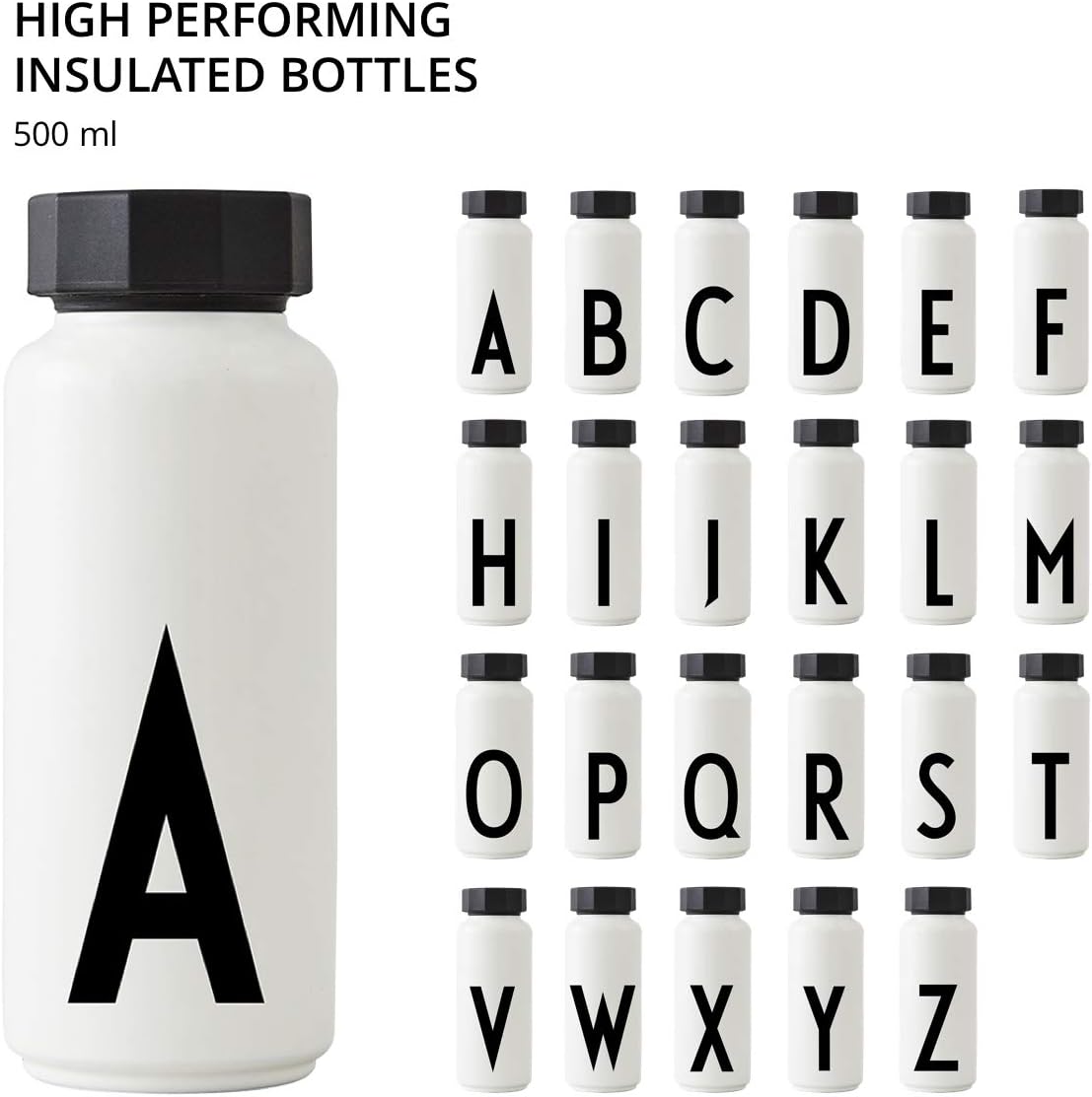 Design Letters Vacuum insulated wide mouth water bottle | 17 oz | Double Wall insulated tumbler in Stainless Steel | Thermo flask for travel and gym | BPA and BPS-free | White