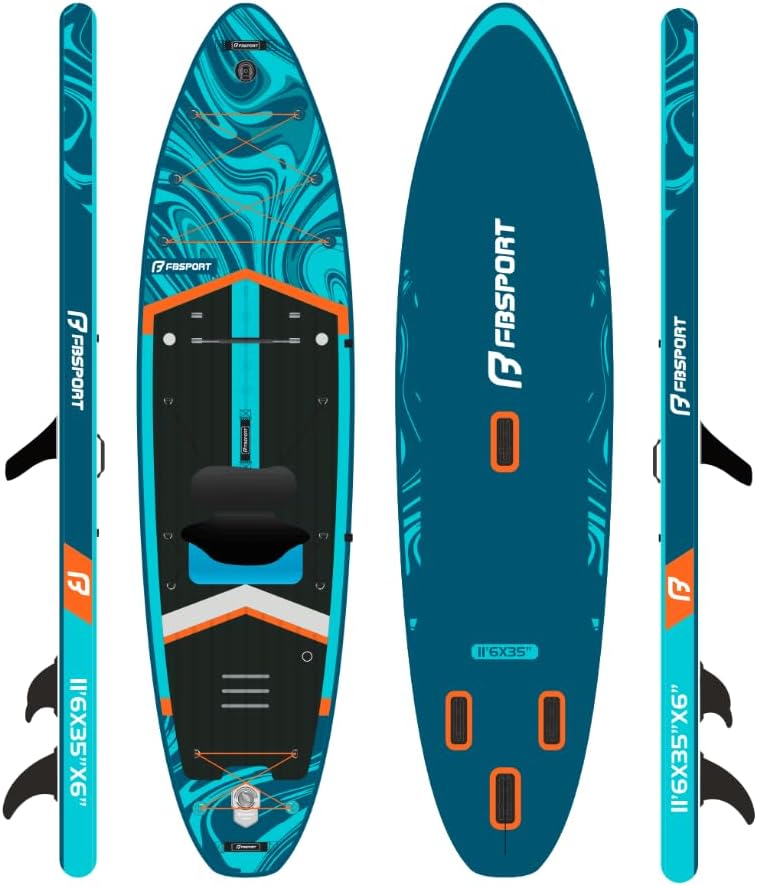 FBSPORT 11.5' Premium Stand Up Paddle Board, Yoga Board with SUP Accessories & Carry Bag | Wide Stance, Surf Control, Non-Slip Deck, Leash, Paddle and Pump for Youth & Adult(BlueWhite)