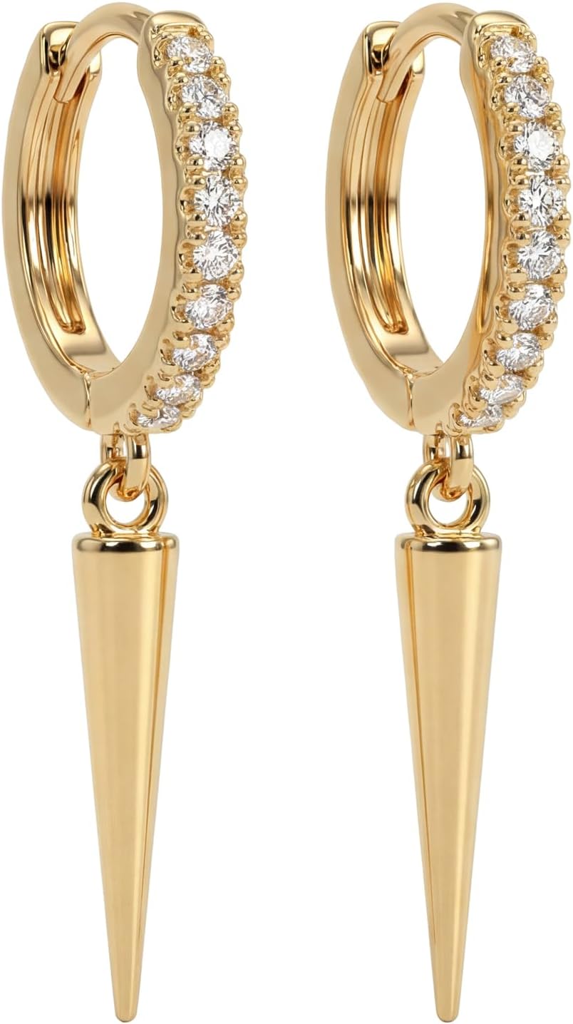 Mevecco Gold Dainty Dangle Hoop Earrings for Women 14K Gold Plated Delicate cute Geometric Triangle Cone Dangle Earrings - Image 8