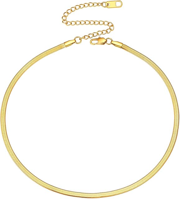 FOCALOOK 3/5mm Flat Snake Chain Stainless Steel/Gold/Rose Gold Choker Necklace for Women Girls 12" 15" 18" inch Chain(with Gift Box)