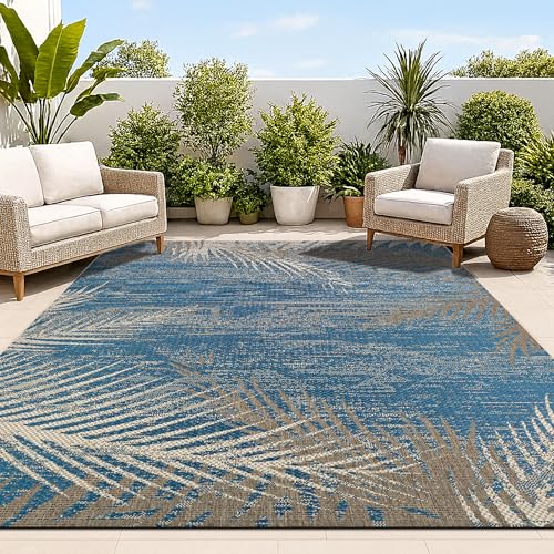 Couristan Monaco Outdoor Area Rug - Tropical Palms 7'6" x 10'9" in Ocean Blue, Flatwoven, Durable, Easy to Clean Rug for Patio, Mudroom Or Kitchen Decor