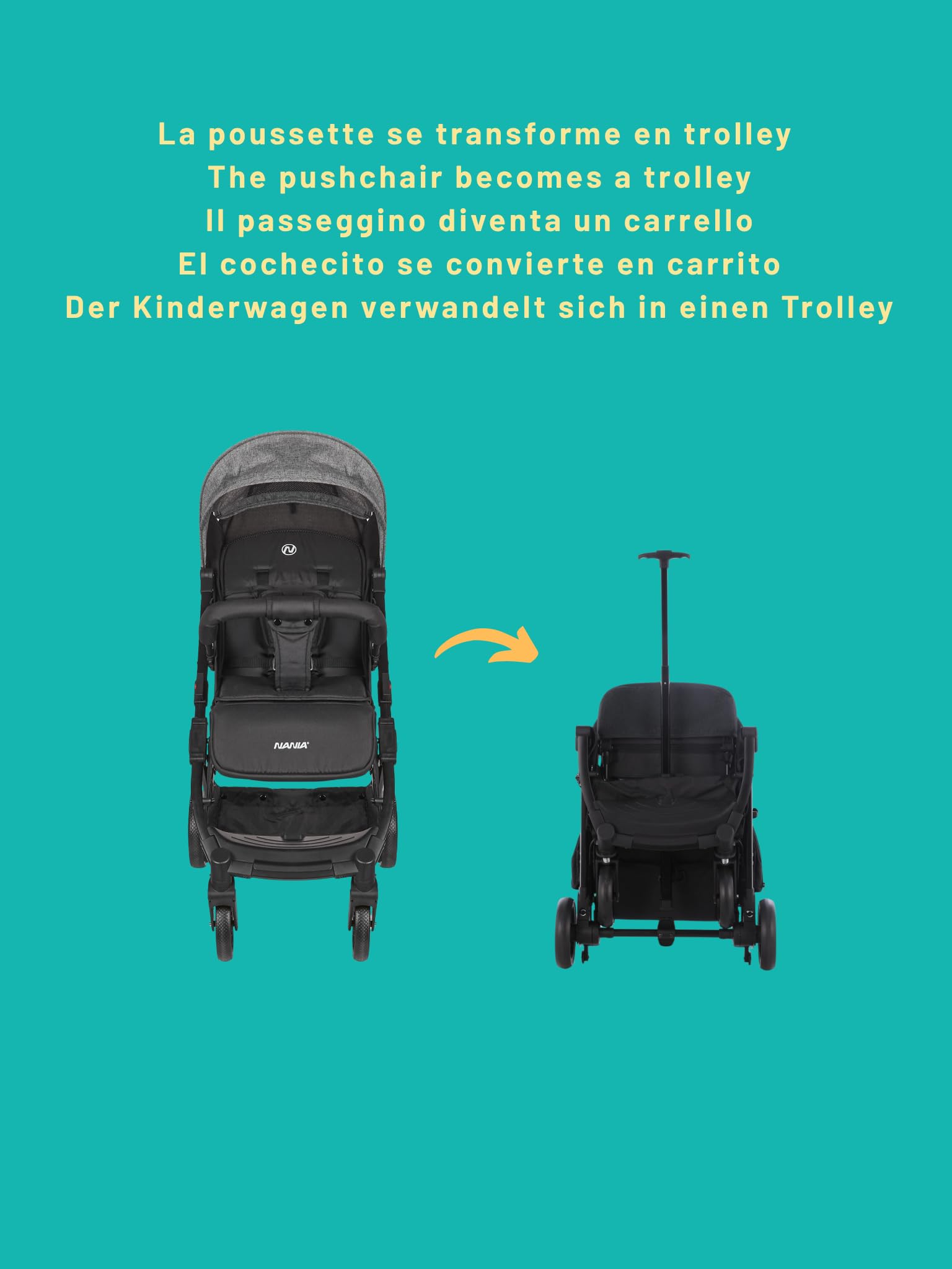 Nania Myla, passeggino compatto, da 0 a 4 anni (massimo 22 kg), leggero (7,5 kg), auto da città, inclinabile con una sola mano in posizione reclinabile, grande cestino, con trolley