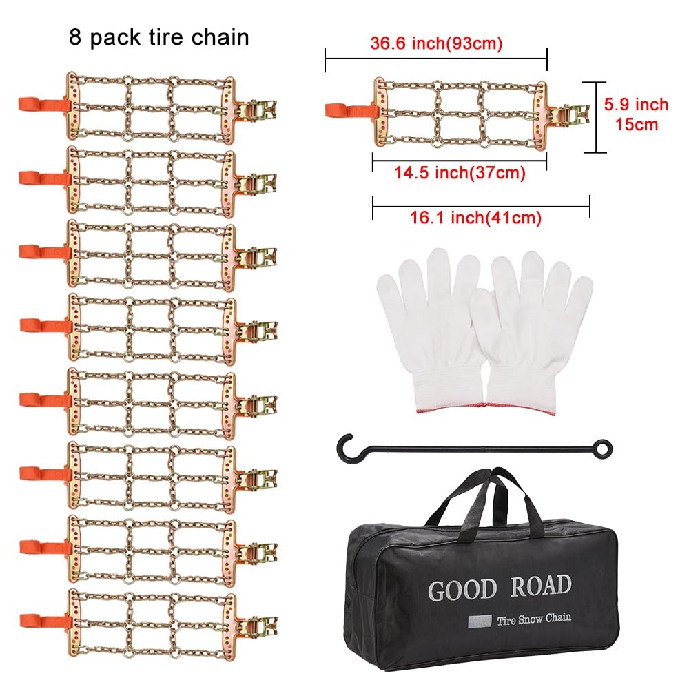Lot de 8 chaînes à neige antidérapantes en acier pour pneus de voiture - Pour urgence, neige, glace, boue, sable, sol - Convient pour une largeur de pneu de 165 à 205 mm