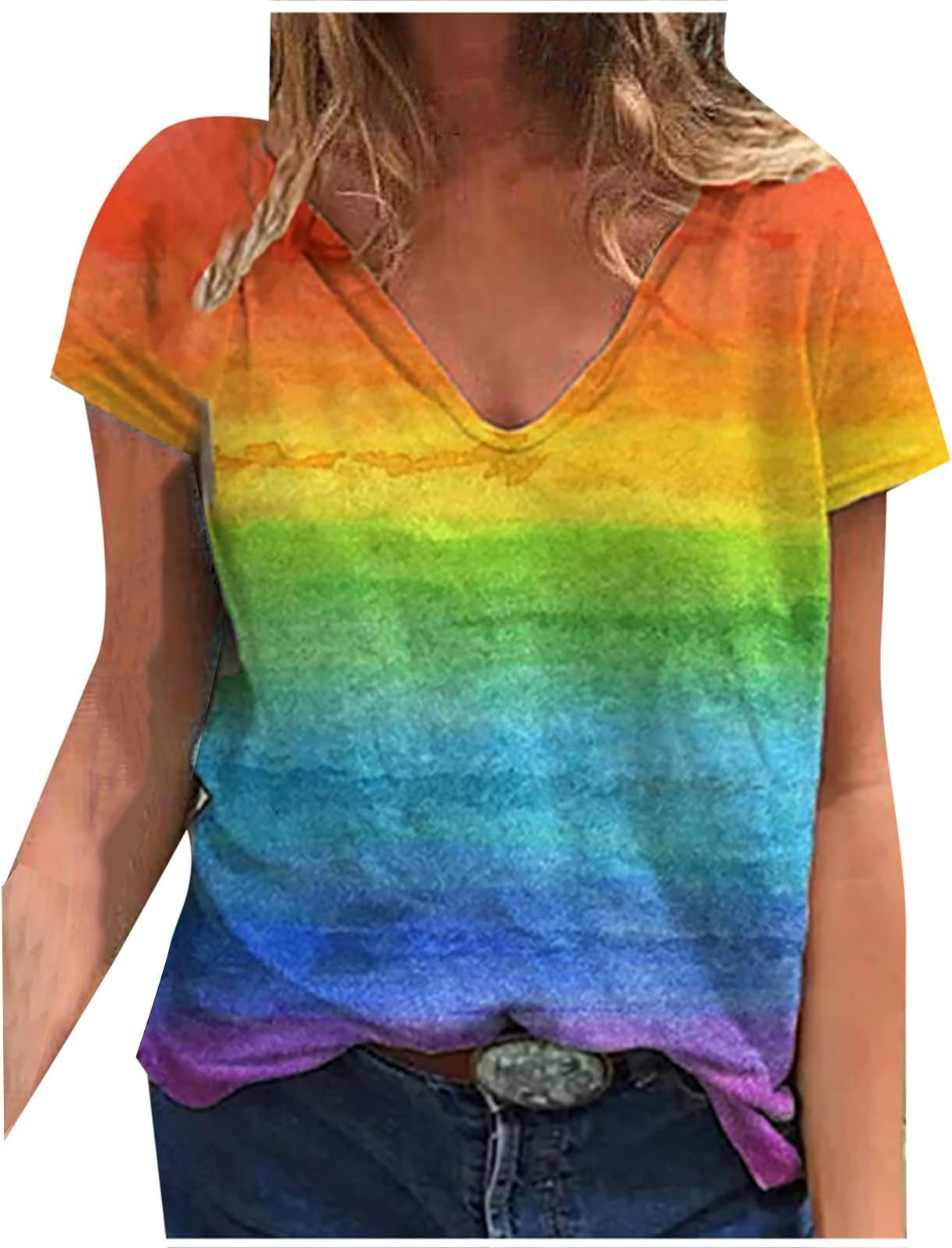 RuziyoogWomen Casual Loose Short Sleeve Tshirts Summer Tie Dye Rainbow Gradient Tee Tops V Neck Vintage Print Comfy Blouse