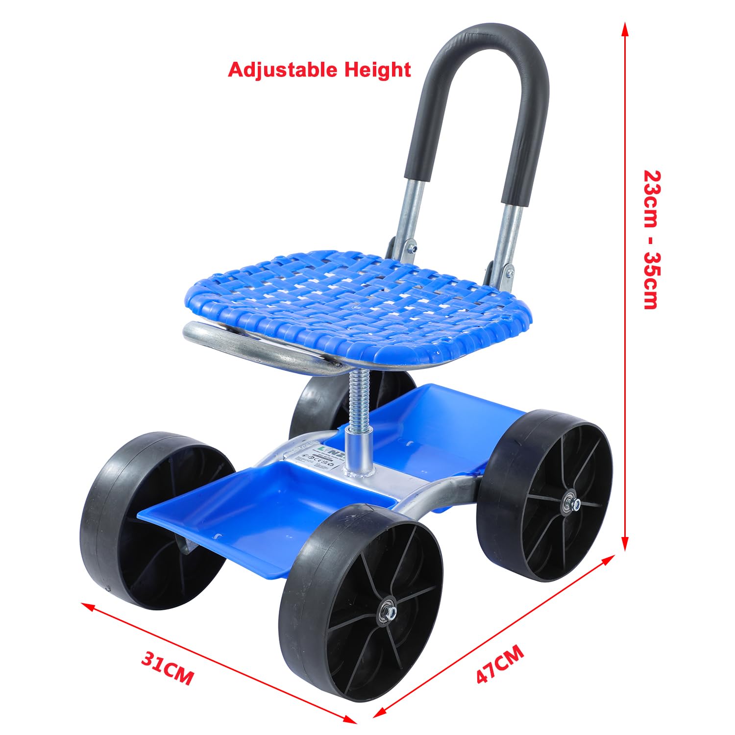 LINZI Carrito Banco Giratorio con Ruedas – Asiento de Trabajo Ajustable en Altura, Bandeja Porta-Herramientas – para tareas Exteriores, Detalle y reparación de Coches