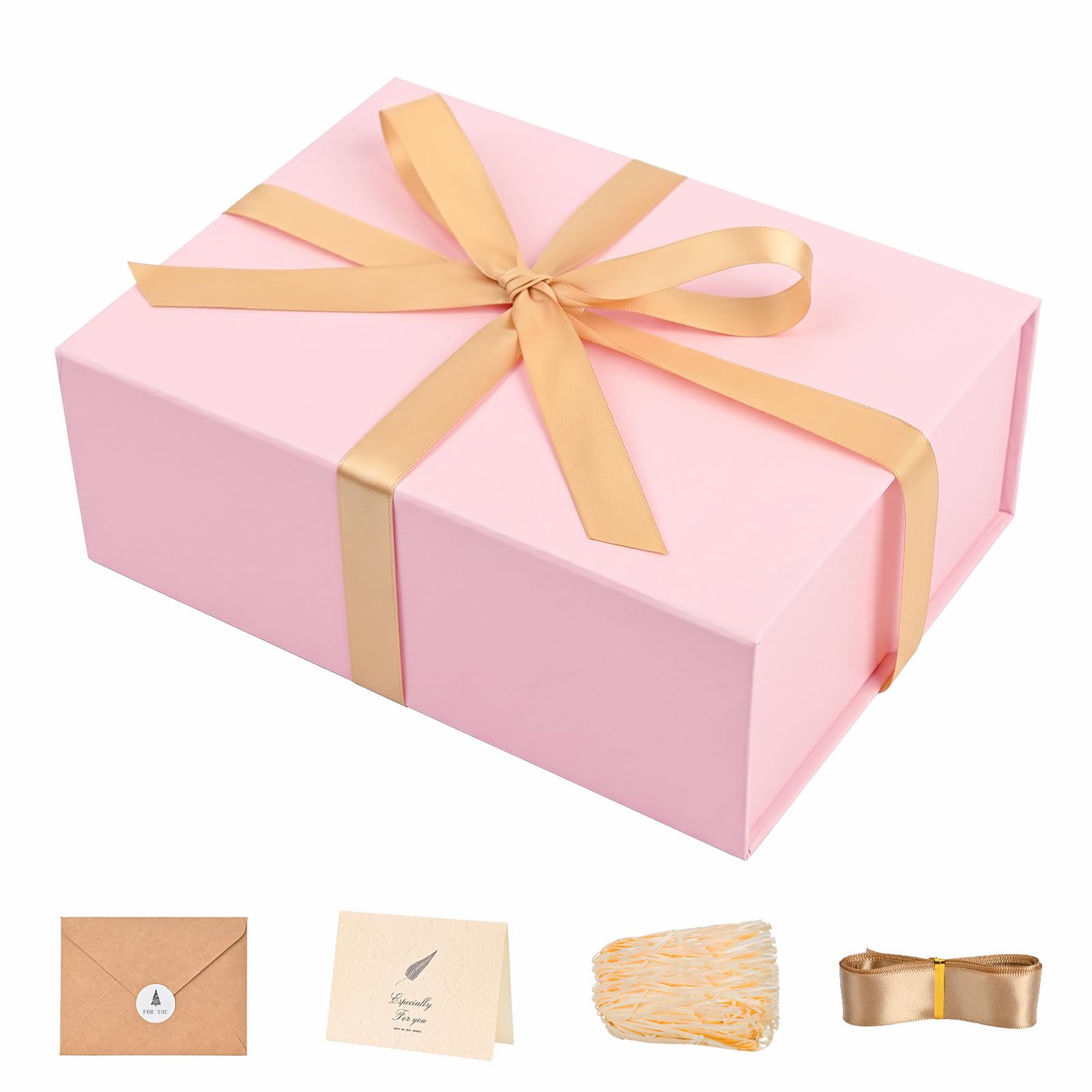 LIFELUM Pink Gift Box with Magnetic Lid 9.5 x 7 x 3.5 inch, 1 Pack Present Box Includes Ribbon, Greeting Card and Shredded Paper Filler for Women, Birthday, Christmas, Wedding