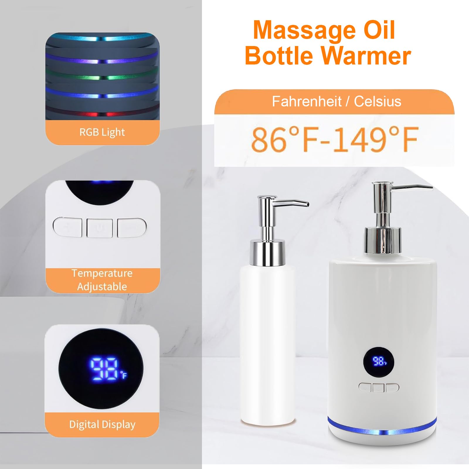 Massageöl Wärmer | Externe Kunststoff Flasche - LED Beleuchtung | Temperaturbereich 40-60°C | Für Massageöl und ätherische Öle | Massage Wellness Wohlfühlen | Stilvoller Massageöl Erwärmer (Weiß)