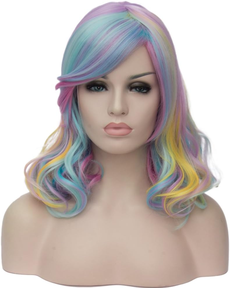 BERON 15.7" Women Girls Short Curly Rainbow Wig Rose Net with Wig Cap SW1909