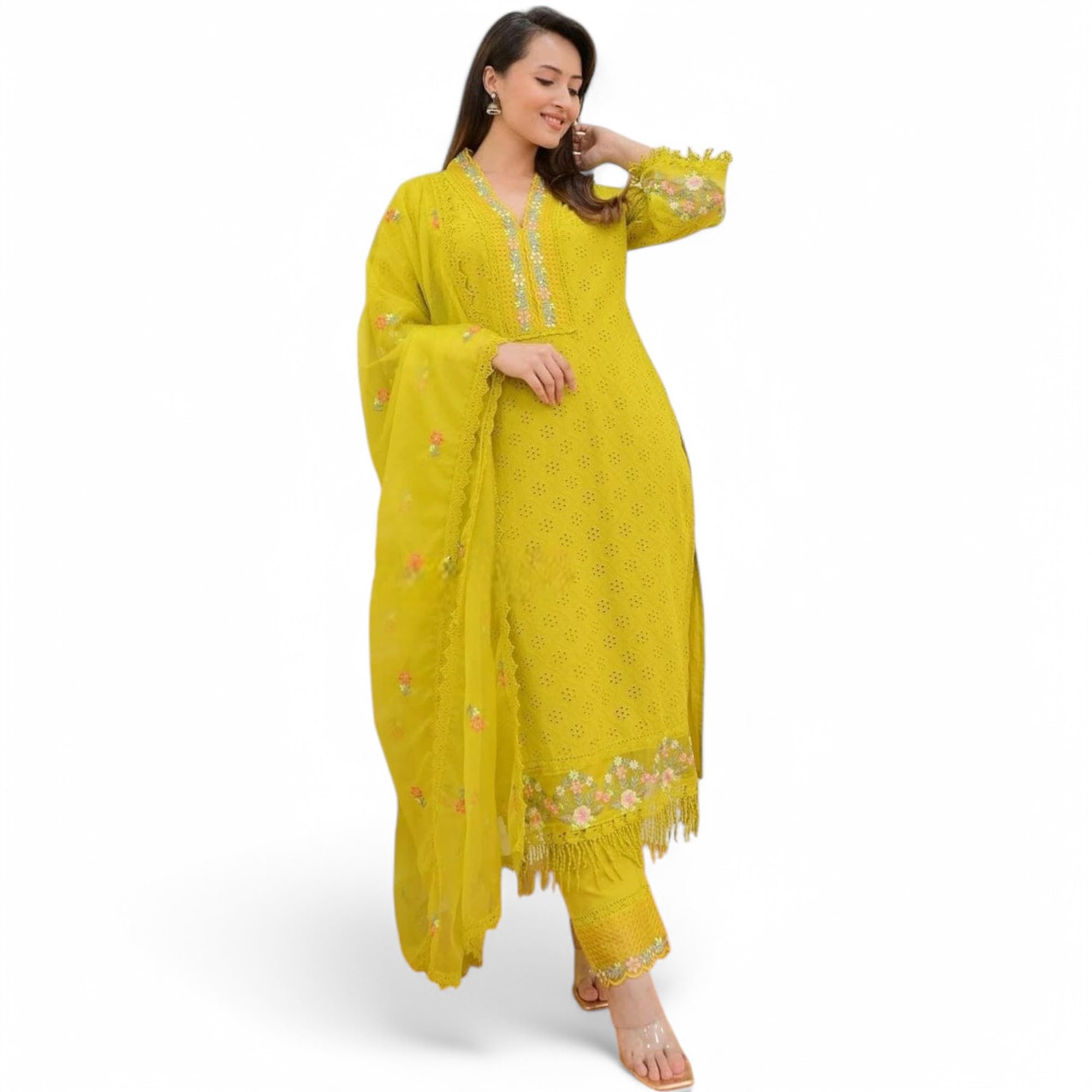 RangMahal Damen Indian Heavy Kurta mit afghanischer Hose & Organza Dupatta Set