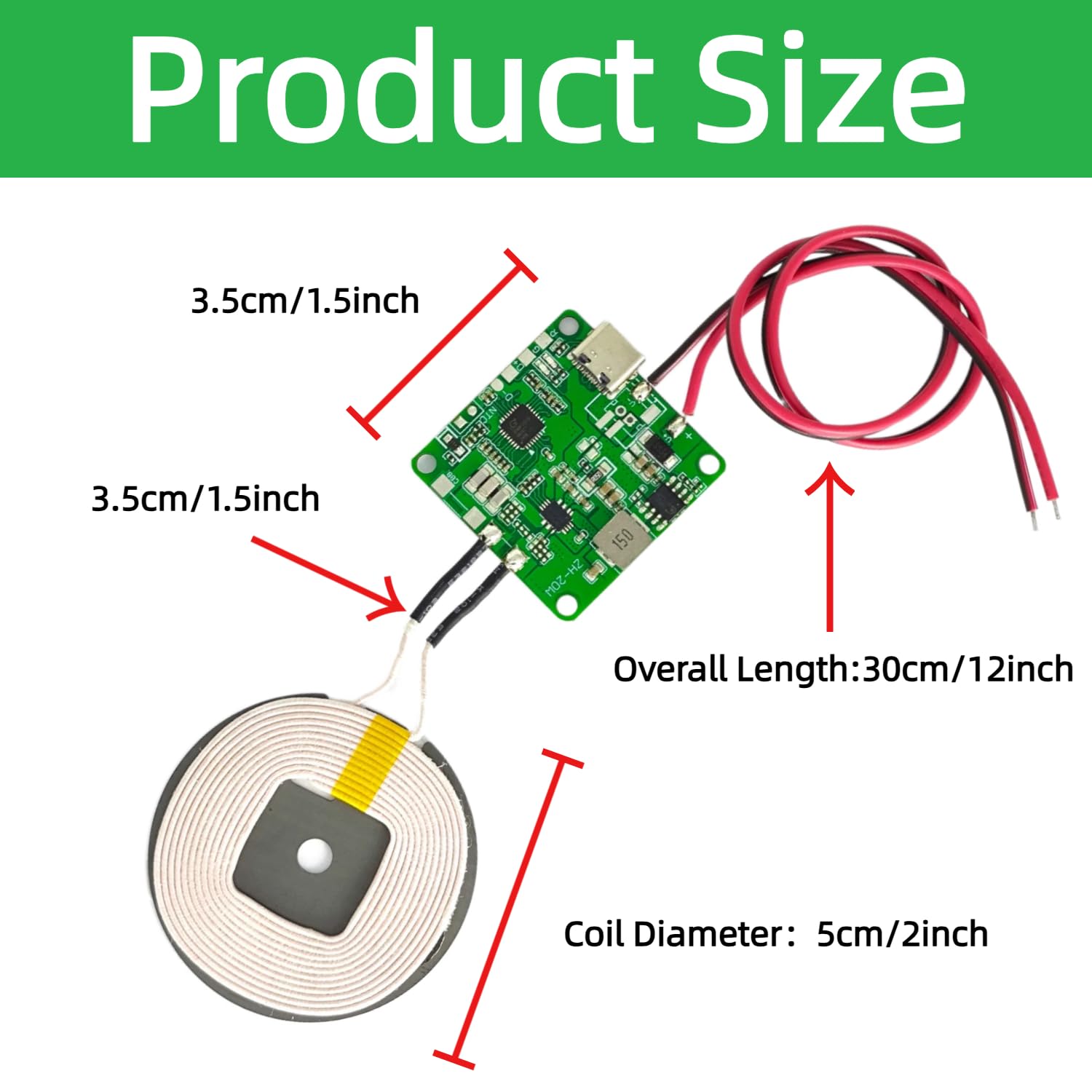 2 pz 20 W Max QI caricabatterie wireless PCBA modulo bobina, circuito di ricarica rapida fai da te con porta di tipo C, protezione da surriscaldamento per auto e mobili (con filo)