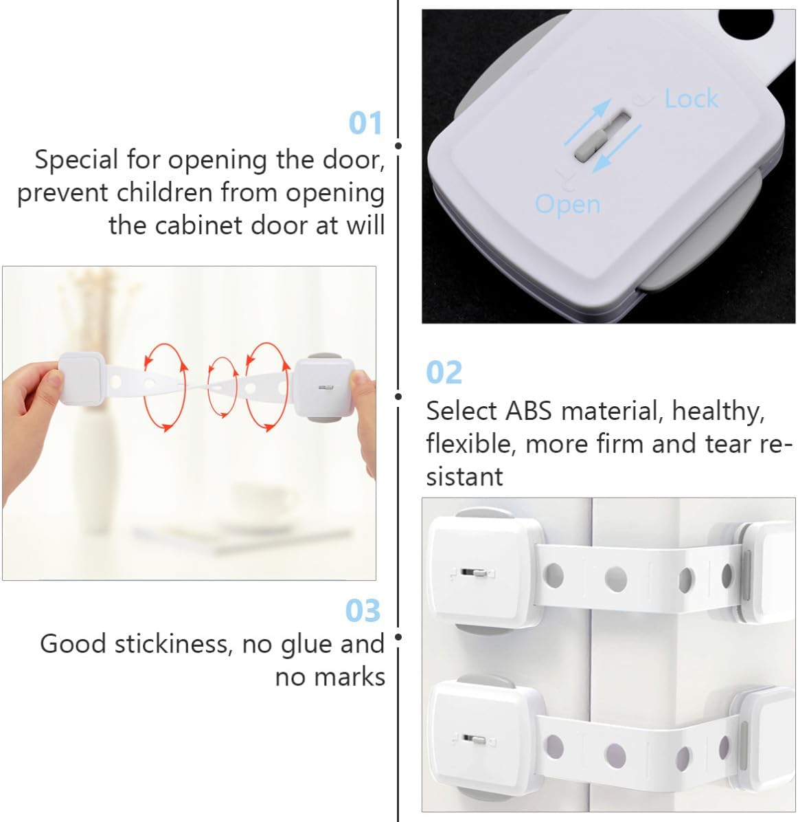 5pcs White Plastic Safety Locks for Cabinets and Drawers with Strong Adhesive, Prevent from Opening Doors, for Home Safety and Childproofing