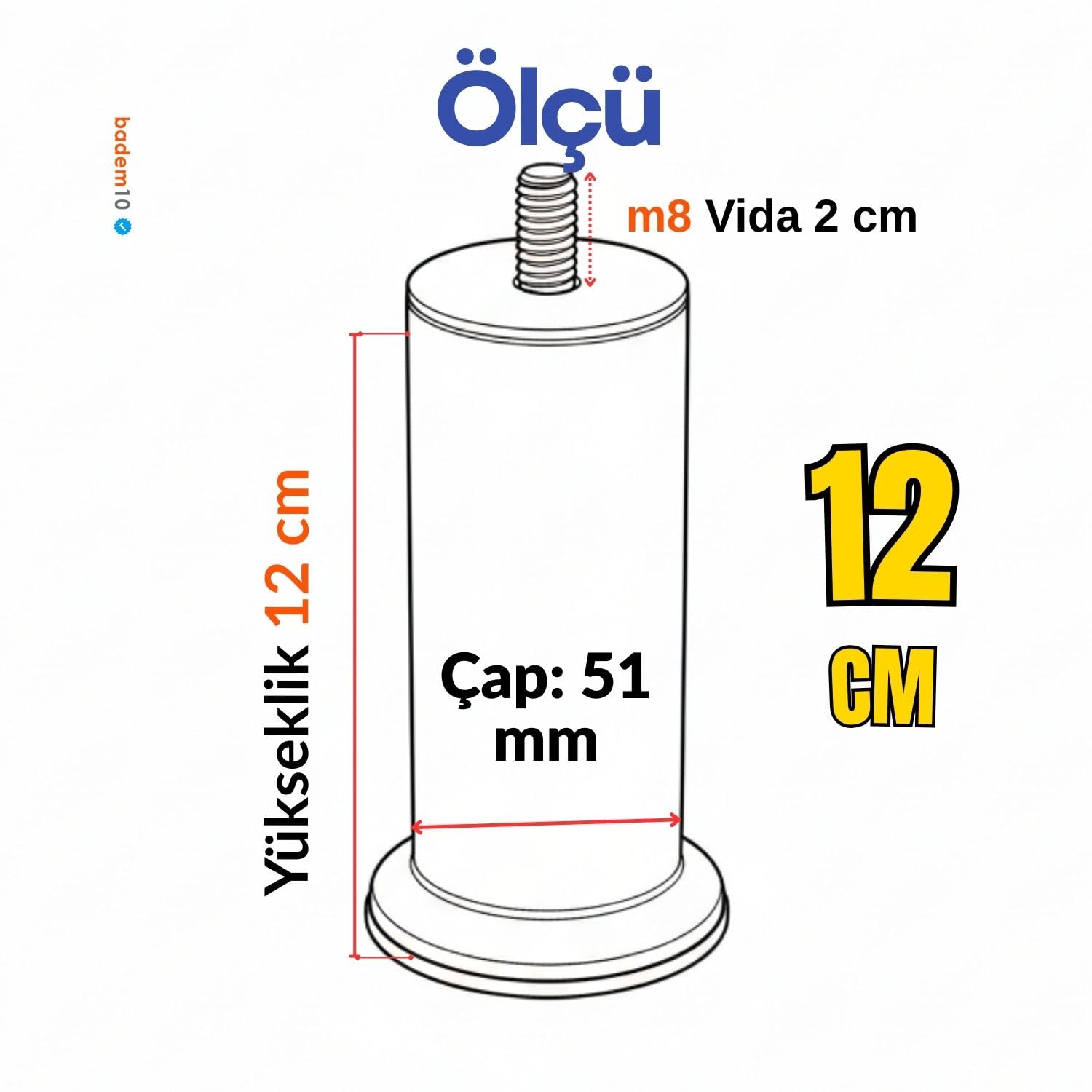 Krom Gümüş 12 cm Kalın 51 mm Metal Mobilya Ayağı Modern Dayanıklı Koltuk Kanepe TV Ünitesi M8 Civata