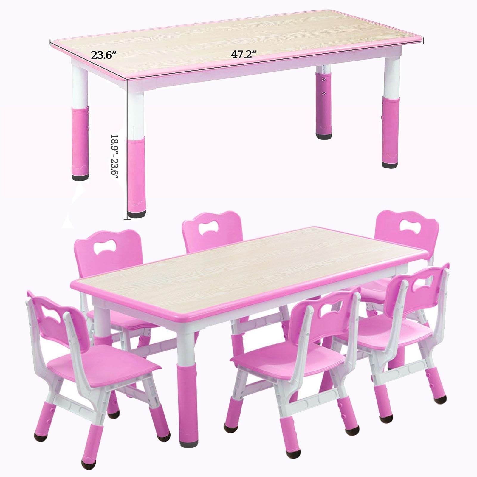 GAOMON Kids Table and 6 Chair Set,Height Adjustable Toddler Arts & Crafts Table and Chair Set for Ages 2-10,Max 300lbs Kids Activity Art Table for Classroom Daycares,Home