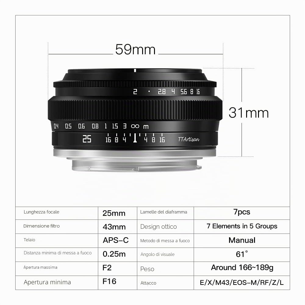 TTArtisan 25mm F2.0 APS-C Obiettivo Fotografico Manuale Portatile Economico per Ritratto, Street, Still Life - Montaggio Sony E