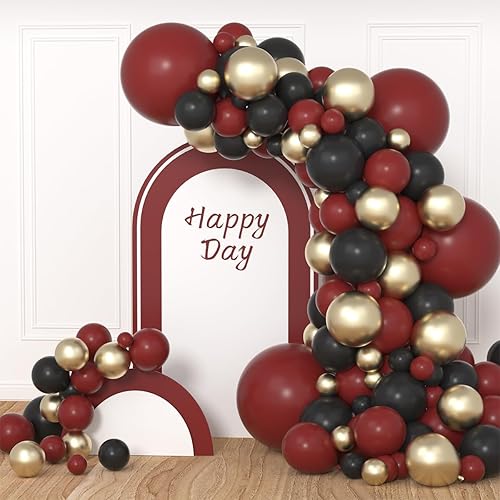 Miniatura 7 de Kit de guirnalda de arco de globos color burdeos y negro dorado  globos dorados metálicos color rojo vino, kit de arco de globos negros para