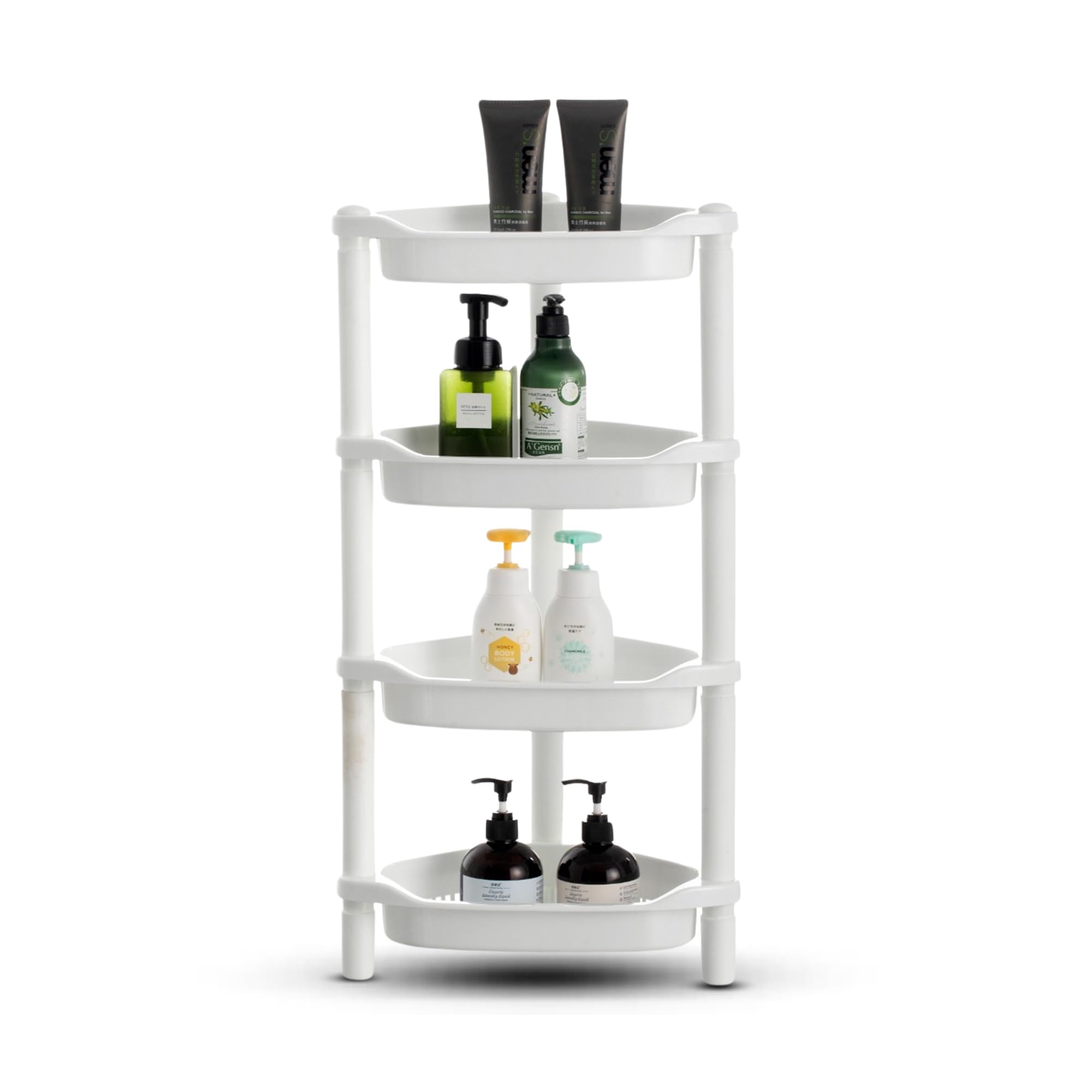 Qualiware 4 Tier Shower Caddy Organizer Shelf Corner, 36 x 25 x 70 Centimeter, Rustproof Free Standing Plastic Shower Rack Stand Corner Shelves for Bathroom Storage Unit (Triangular White)