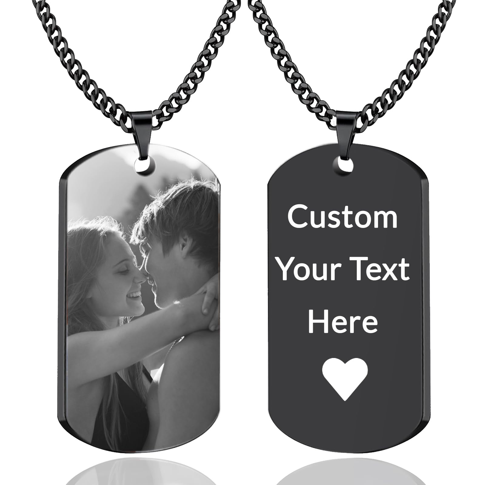 CupikeCustom Dog Tag Necklace with Photo Personalized - Double Side Engraved Picture Text Pendant Necklace,Memorial Gifts for Men Boyfriend