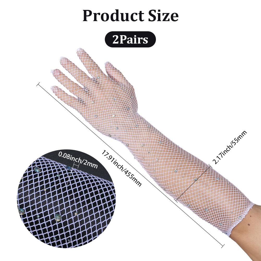 GORGECRAFT 2 Pair Long Rhinestone Fishnet Gloves White Women Goth Punk Fish Net Arm Sleeves Elbow Length Mesh Sparkly Glitter Fashion Opera Gloves for 80s Costume Cosplay Halloween Wedding Party - Image 2
