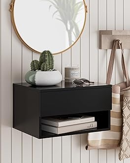 Floating Nightstand, Small Modern Floating Nightstand with Drawer, Floating Shelves for Bedroom, Bathroom (Black)