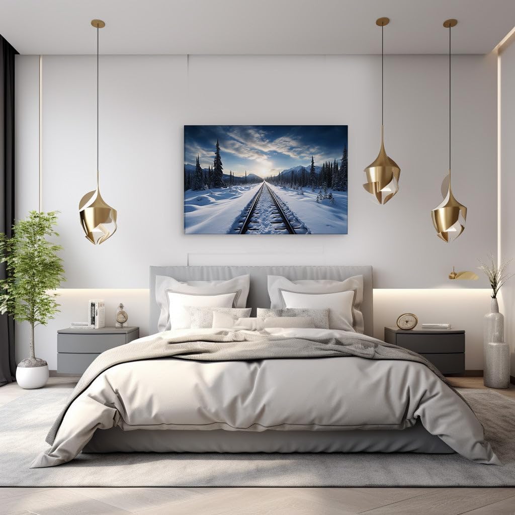 Canvas for Living room. Winter's Quiet Embrace � Journey Along Snowy Rails into the Sunset, 27 x 18 inch Canvas Wall Art - Contemporary Masterpieces - Modern Home Decor - 69x46 cm (27x18 inch)