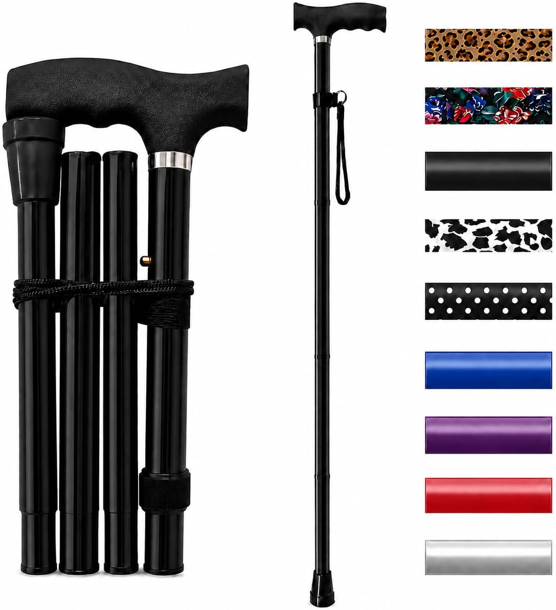 Life Healthcare Folding Walking Stick, Adjustable Aluminium Cane, Black