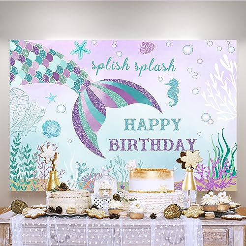 Lofaris 5x3ft Mermaid Happy Birthday Backdrop Fish Tail Theme Background for Kids Girl Under The Sea Splish Splash Oneder The Sea 1st Bday Photography Party Decoration Purple Banner Supplies - Thumbnail 3