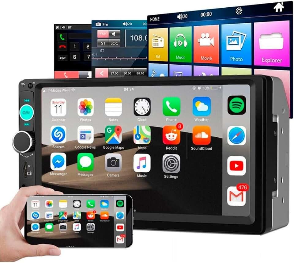 Central Multimídia Automotiva 2 Din com Tela Touch 7 Polegadas HD, Bluetooth, USB, SD, Rádio FM, Espelhamento de Tela, Compatível com Android, Preto, Inclui Câmera de Ré