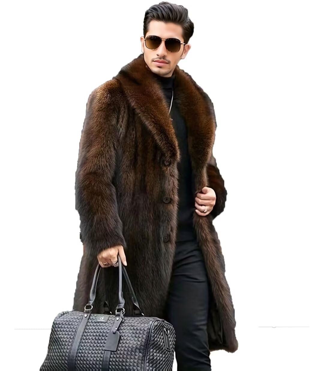 FTIMILD Men's Long Faux Fur Coat Single Breasted Warm Winter Trench Coat Fluffy Thick Overcoat