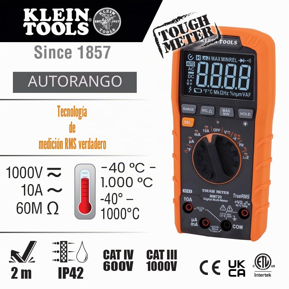 Klein Tools MM720 - Multímetro digital, TRMS de rango automático, baja impedancia (LOZ), voltaje de 1000 V CA/CC, corriente de 10 A CA/CC, resistencia de 60 MOhms