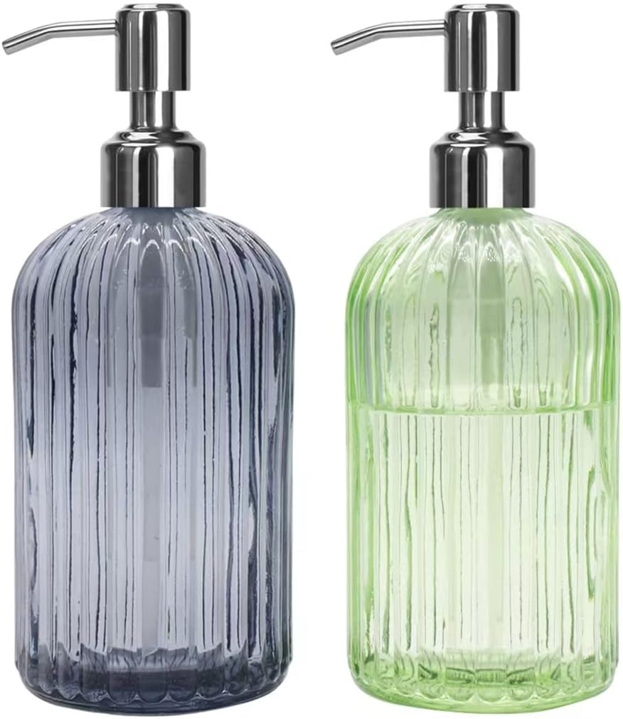 owandan Dish Soap Dispenser, 2 Pack Glass Hand Soap Dispenser Bathroom Green & Gray with Stainless Steel Pump, Refillable Kitchen Liquid Decorative Bottles for Hand Sanitizer, Lotion