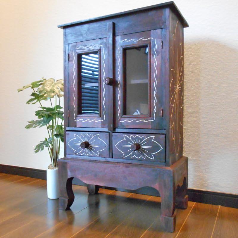 花柄模様 猫足 キャビネット アジアン家具 バリ家具 収納家具 完成品家具