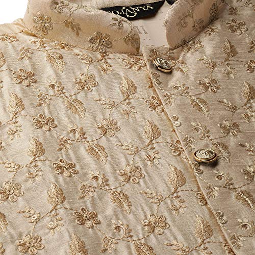 Image of SOJANYA (Since 1958 Men's Cotton Linen Maroon Kurta and White Pyjama with Mustard Cotton Nehru Jacket