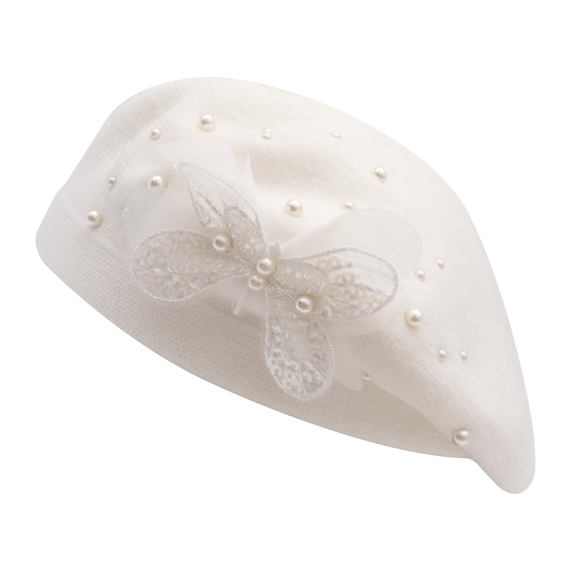 ZLYC Kids Beret Hat Girls Solid Color Knitted Floral Artist French Hat(Butterfly White),One Size