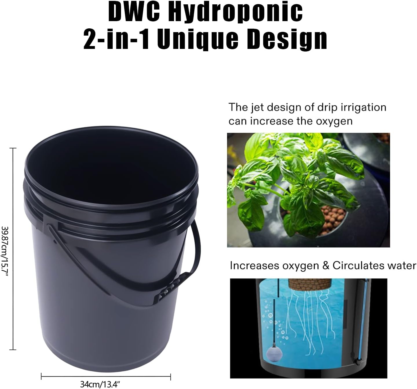 Diagram illustrating the DWC Hydroponic 2-in-1 unique design with oxygenation and water circulation