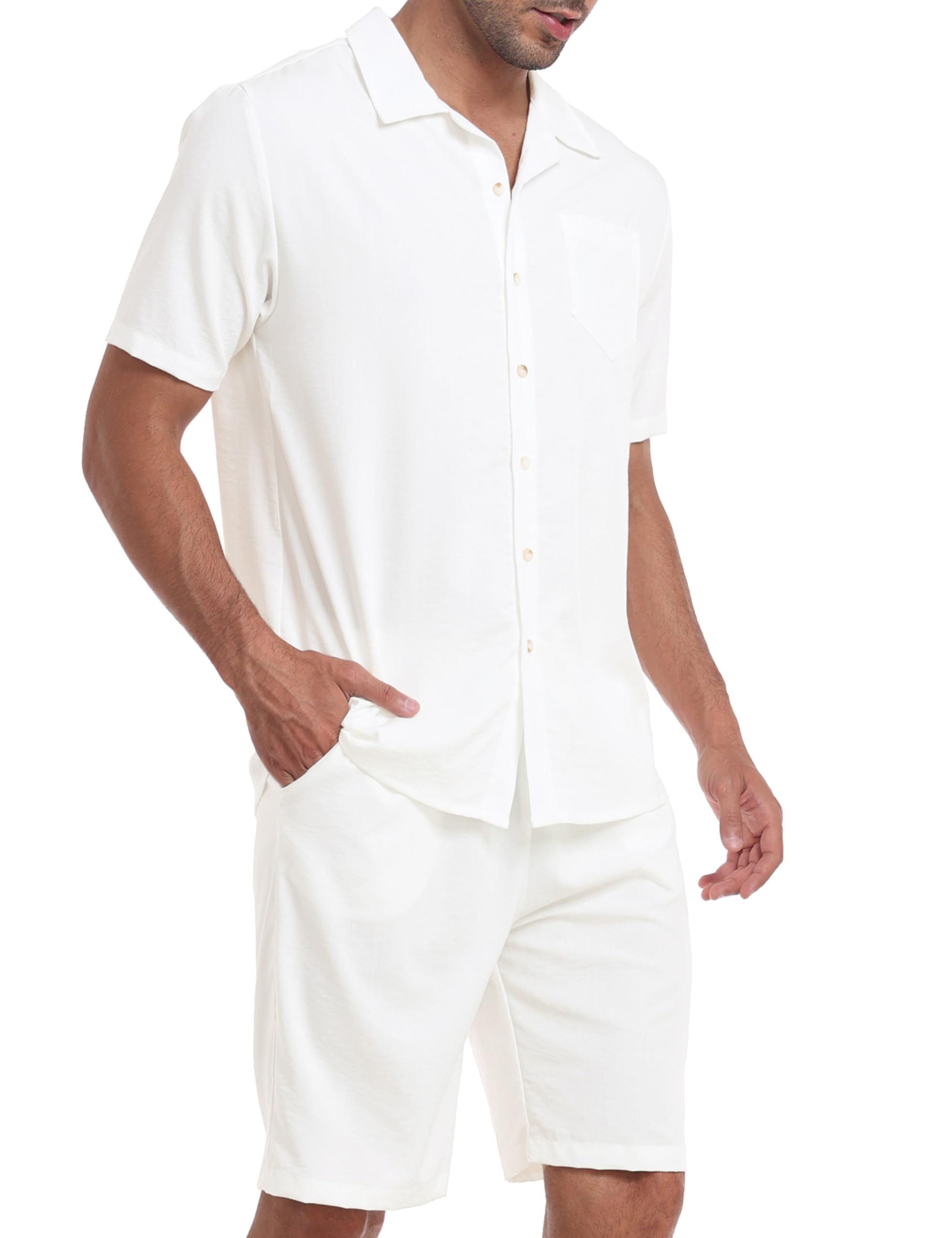 MoFiz Men's Linen Sets 2 Pieces Summer Vacation Party Beach Outfits Short Sleeve Button Down Shirts and Pants Set